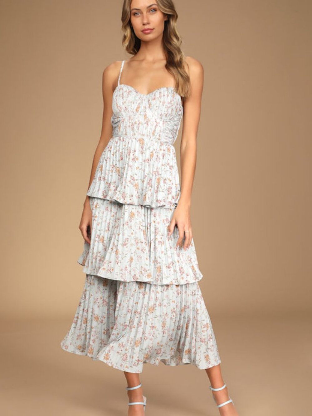 Lulus Cascading Crush Pale Blue Floral Print Tiered Bustier Midi Dress - Size S